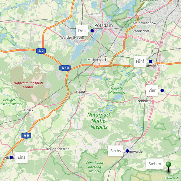 Kartenausschnitt etwa zwischen Belzig und Teltow mit sechs Markierungen (1,3,4,5,6,7)